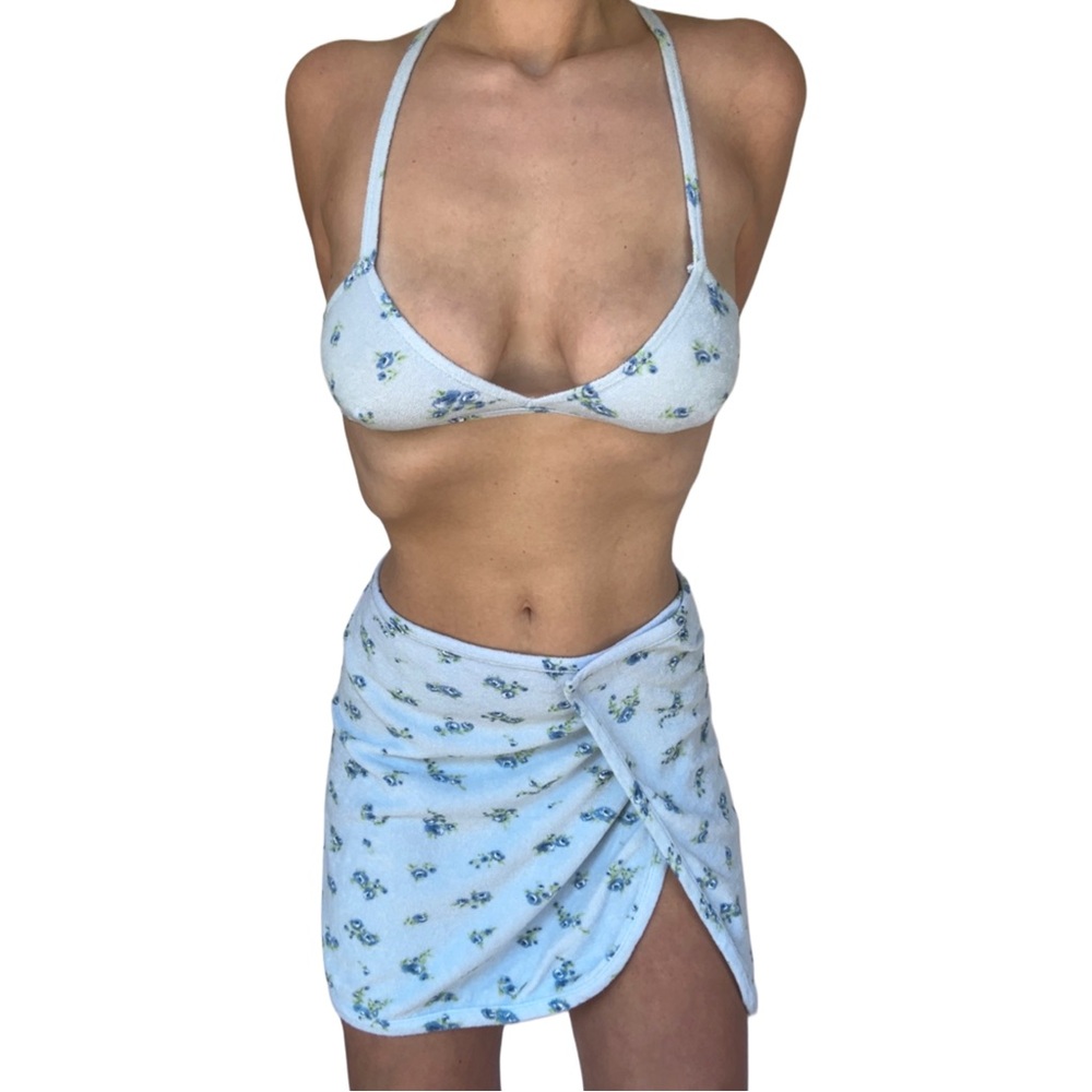 floral baby blue terry cloth skirt and bra set